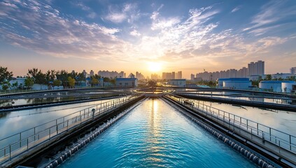 Fototapeta premium Urban Water Treatment Facility with Circular Pond and City Skyline at Sunset for Water Management Concepts