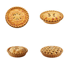 Assorted baked pie varieties in round shapes on white background  