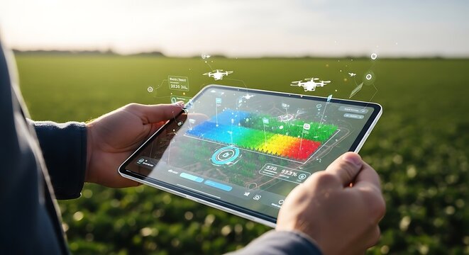 A person holds a tablet displaying agricultural data over a green field, representing precision farming and technology.
