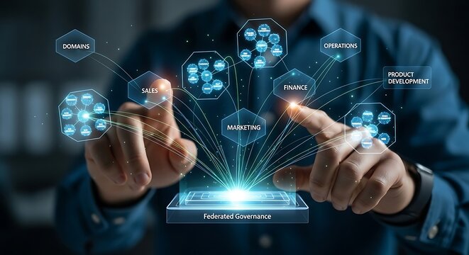 Man interacting with a digital interface displaying interconnected business functions like sales, finance, and marketing.