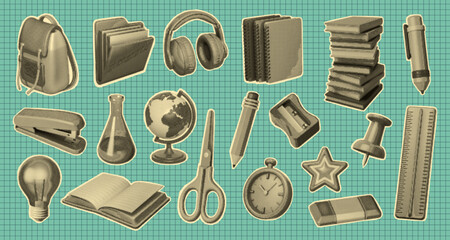 Vintage halftone sticker set of school supplies. Magazine cut out style. Includes backpack, globe, scissors, books, pencil, notebooks. Perfect for retro designs, collages, or printables.
