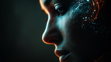 Deepfake face morphing loop, faces morphing in colorful neon light, soft digital glow, cyber tech photo