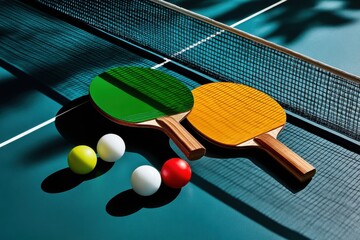 Engaging moment of table tennis with colorful paddles and vibrant balls on a sunny day