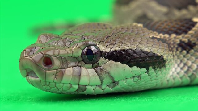 Detailed Closeup of Gaboon Viper Head Isolated on Green Screen for Production