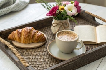 Enjoying rustic charm coffee table decor with a croissant and mocha in a ceramic tray inviting living room setting cozy vibe for relaxation