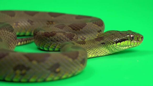 Green Tree Python Morelia Viridis Isolated on Green Screen Realistic 3D Animation