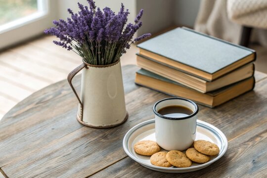 Enjoying hot coffee on a rustic enamel table - top view of cozy coffee setup in a warm home environment