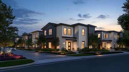 Large residential building with twilight setting and lights on high resolution picture