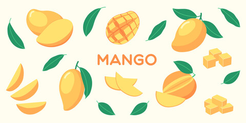 Colorful flat vector set of mango fruits with leaves, slices, cubes and half-cut pieces. For card, background, summer, tropical, kids and healthy food design. Cartoon illustration. Minimal. Clip art.