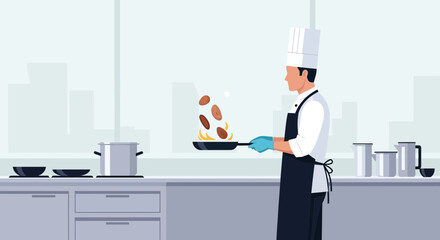 Expert Chef Preparing Food In Restaurant Kitchen With Modern Appliances