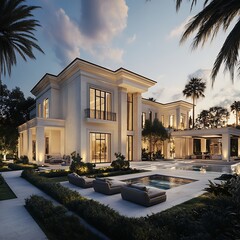 Modern villa exterior glowing beautifully at dusk hour high resolution picture