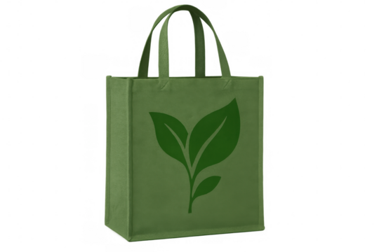 Eco-friendly green shopping bag featuring leafy emblem, symbolizing sustainable consumer practices against clean backdrop - Powered by Adobe