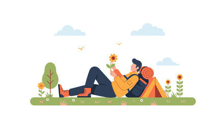Daydreaming Hiker Rests Near Tent Holding Wildflower Enjoying Nature Time