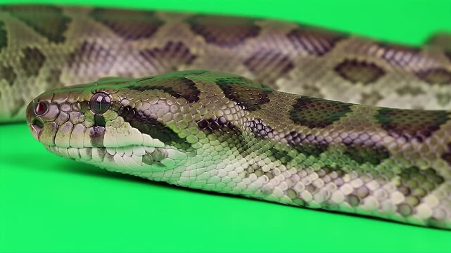 Realistic Green Anaconda Eunectes Murinus Head Close Up Isolated on Green Screen for Wildlife Production