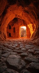 Cave interior, warm light, stone path