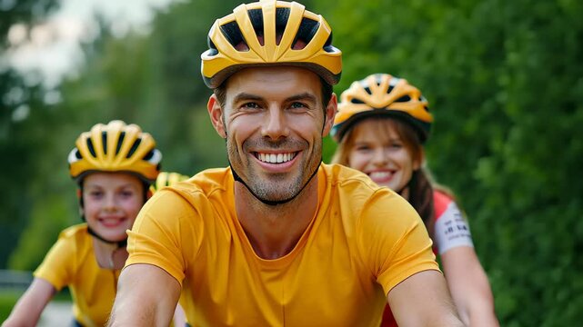 Family Cycling Adventure: A radiant family, adorned in matching safety gear, pedals through a verdant landscape, embodying health, happiness, and the bond of shared experiences. 