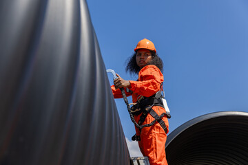 Industry Engineers Walking Inside Circular water Pipe. Engineering or Worker inspection pipe...