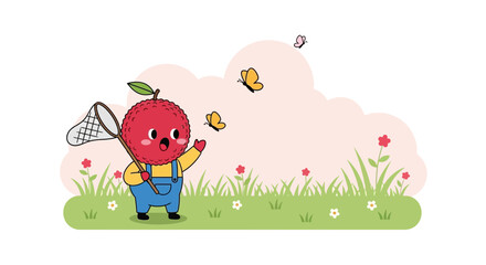 Obraz premium Lychee Character Chasing Butterflies In A Cartoon Meadow With Cute Flowers