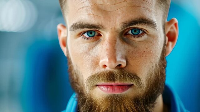 Intense gaze with Blue Eyes: A captivating headshot of a man with striking blue eyes that draw you into his focused stare, framed by a full beard and textured stubble.