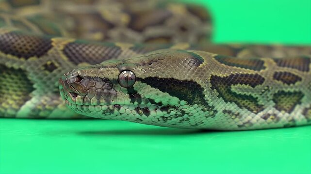 Reticulated Python Isolated on Green Screen Detailed Close Up 3D Render