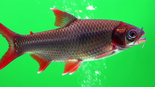 Redtail Labeo Fish in 3D Animation Isolated on Green Screen Realistically Simulating Wildlife Aquatic Motion and Ideal for Wildlife Productions