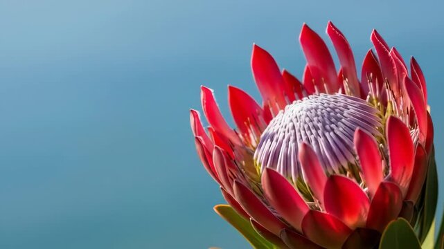 Vibrant Red Protea Flower Blooming Against a Blue Sky