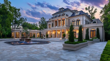 Sophisticated home exterior with trees and glowing driveway high resolution picture