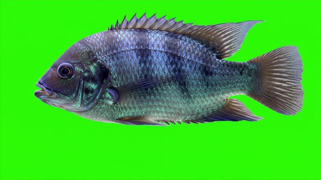 Single Frontosa Cichlid Fish Swimming Gracefully Isolated by Green Screen Background in 3D Realistic Animation