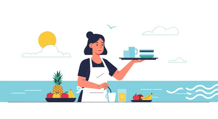 Female Barista Preparing Refreshments On a Beautiful Beach Background Summer