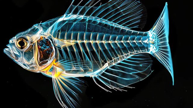 X-ray Fish: A stunningly detailed X-ray image of a fish, revealing the intricate skeletal structure against a dark backdrop, showcasing the beauty of aquatic life from within.