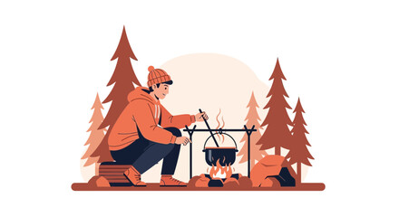Man Cooking Over Campfire In Woods Outdoor Adventure And Leisure Activities