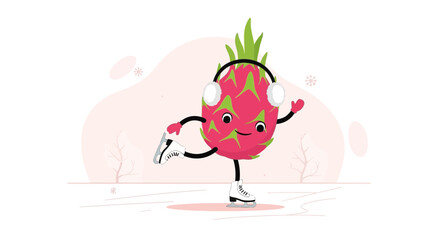 Happy Dragon Fruit Character Ice Skating Wearing Headphones in Winter Season