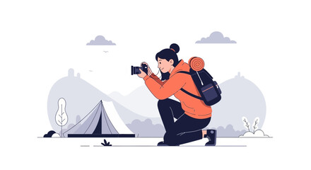 Fototapeta premium Female Photographer Capturing Nature Views Near Tent Amidst Mountainous Backdrop