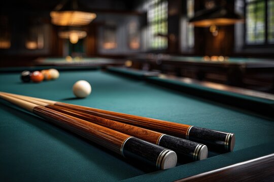 Elegant billiard room showcasing polished cues on a verdant table with an atmospheric ambiance