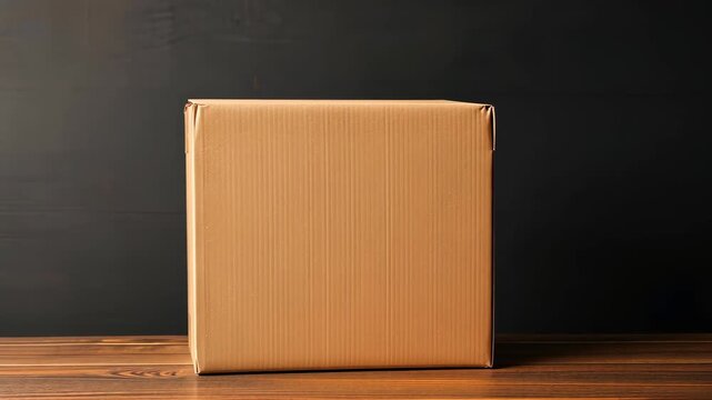 Cardboard Box on Wooden Surface: A plain, unopened cardboard box stands on a polished wooden surface, with a dark background adding contrast. Emphasizing simplicity and anticipation