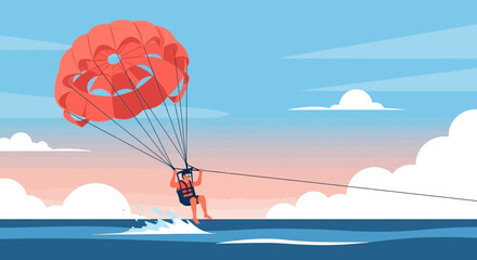 Man Enjoying Parasailing Adventure Against a Beautiful Cloudy Sky Background