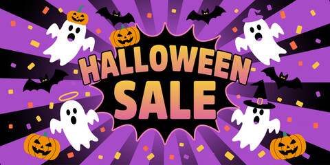 Halloween promotion poster. Halloween Sale banner template with ghost. Halloween Sale concept. Halloween poster design. Spooky night sale. Happy Halloween banner background design. Discount offer