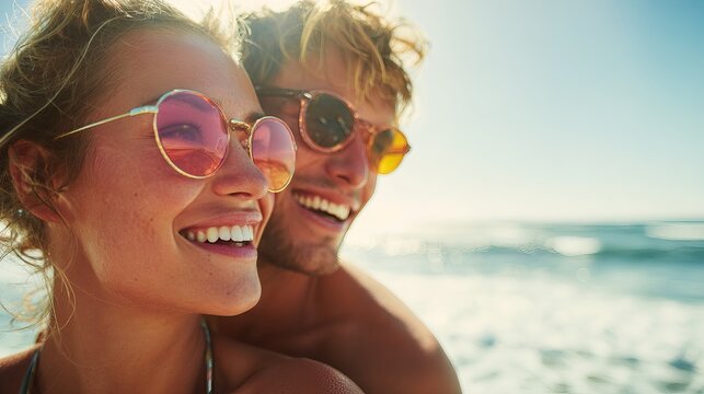 Summer beach day couple laughing embracing with sunglasses on the sandy coastline under bright sunshine - Powered by Adobe