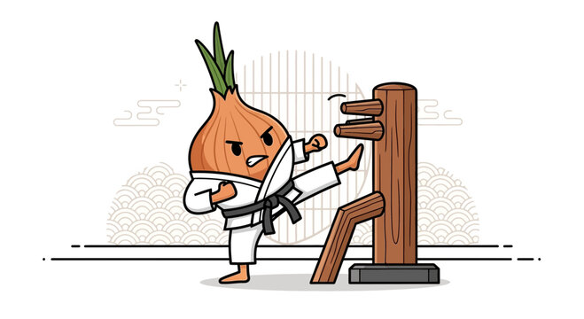 Fierce Onion Karate Kicks Wooden Dummy With Precision And Determined Expression