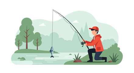 Man Fishing Near River Catching Fish in Nature Illustration Vector