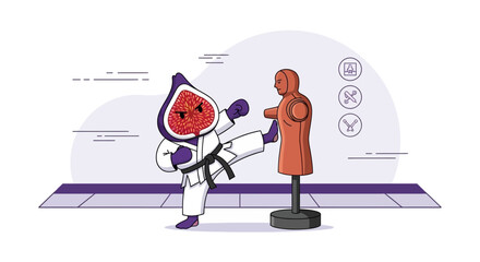 Fig Character Practicing Martial Arts Kicking Dummy Punching Cartoon Illustration
