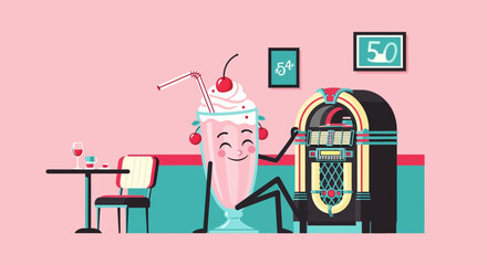 Naklejka premium Happy Milkshake Character Relaxing With A Classic Jukebox In A Retro Diner