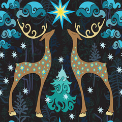 Whimsical winter seamless illustration featuring stylized ornate reindeer, fir trees, stars and swirling clouds in icy blue and gold on a dark background. A magical holiday design.