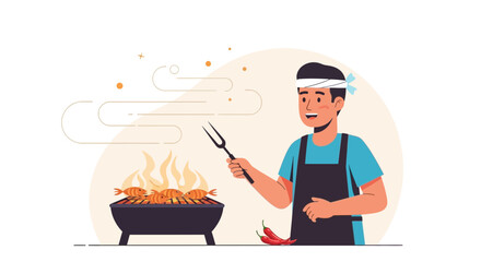 Man Grilling Fish Outdoors Summer Barbecue Preparation Food Celebration