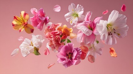 Obraz premium Floral arrangement of pink, orange, and white flowers with petals creating an elegant floating effect on pink background.