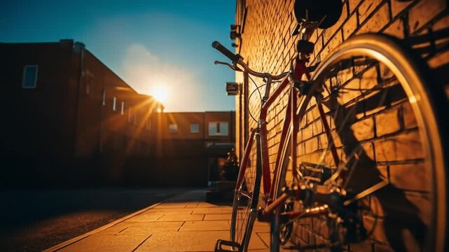 Red Bicycle Leaning Against Brick Wall at Sunset