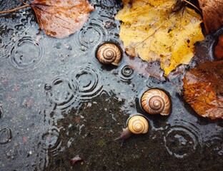 Three snails crawl across a dark gray, wet pavement, surrounded by autumn leaves and rain circles