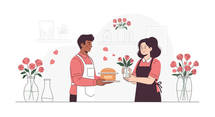 Floral Designers Arranging Bouquets And Preparing Baked Goods In A Shop