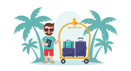 Obraz premium Happy Tourist Man Arriving At A Tropical Resort With Luggage Cart