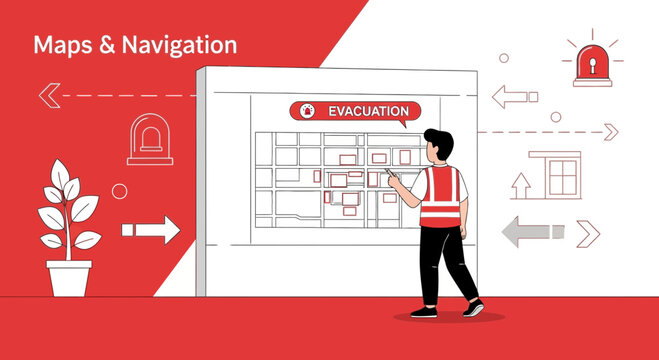 Man Planning Evacuation Route With Street Map For Safety Building Evacuation
